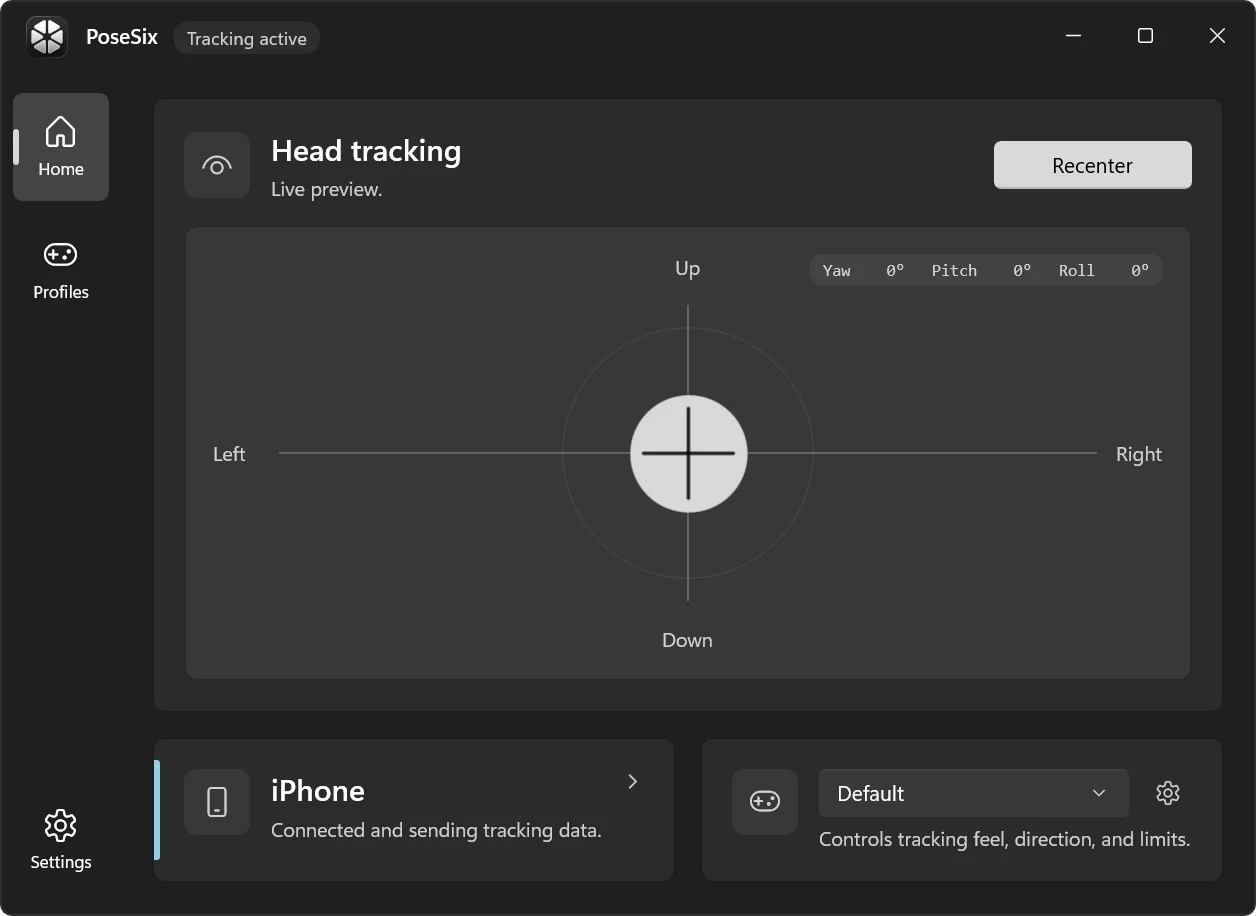 PoseSix on Windows showing live head tracking, Recenter, a connected iPhone, and game settings